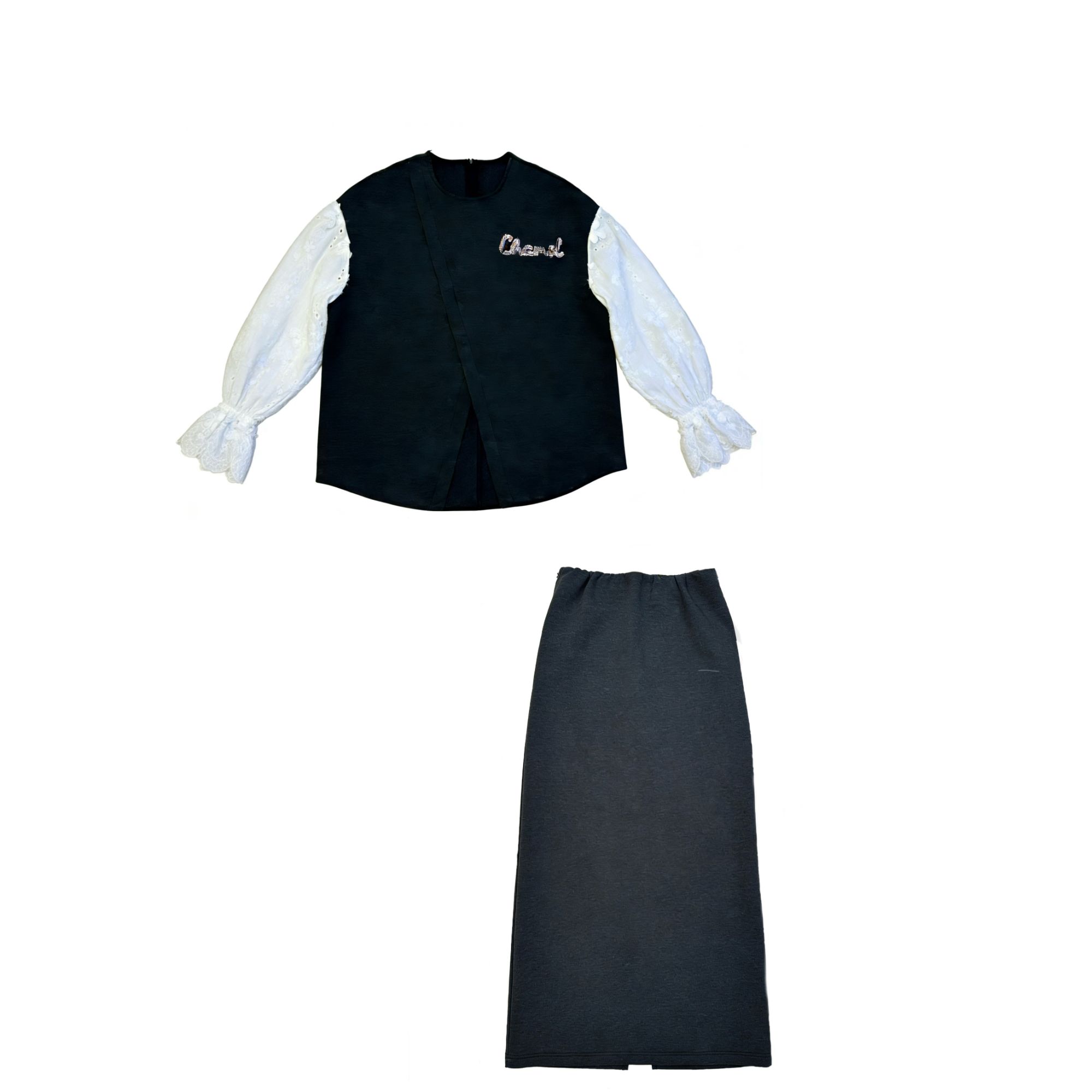 大码时尚套装上衣服装春秋长袖半裙黑色休闲春季CVC20115