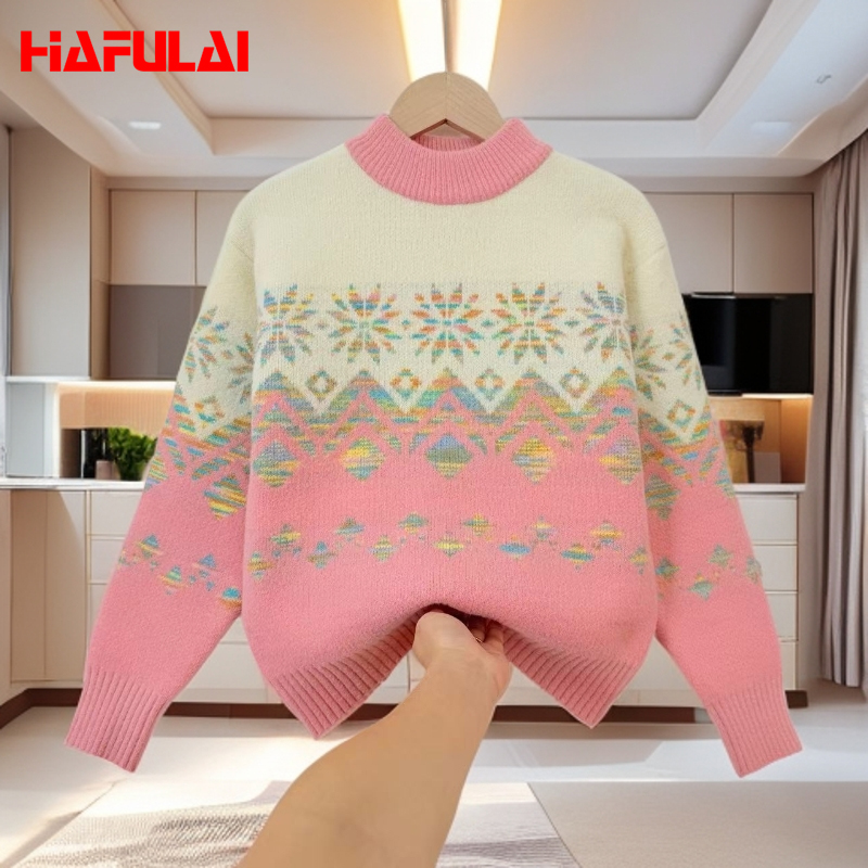 女童中大童秋冬撞色学院风女厚款纯色毛衣针织衫童装时尚提花保暖