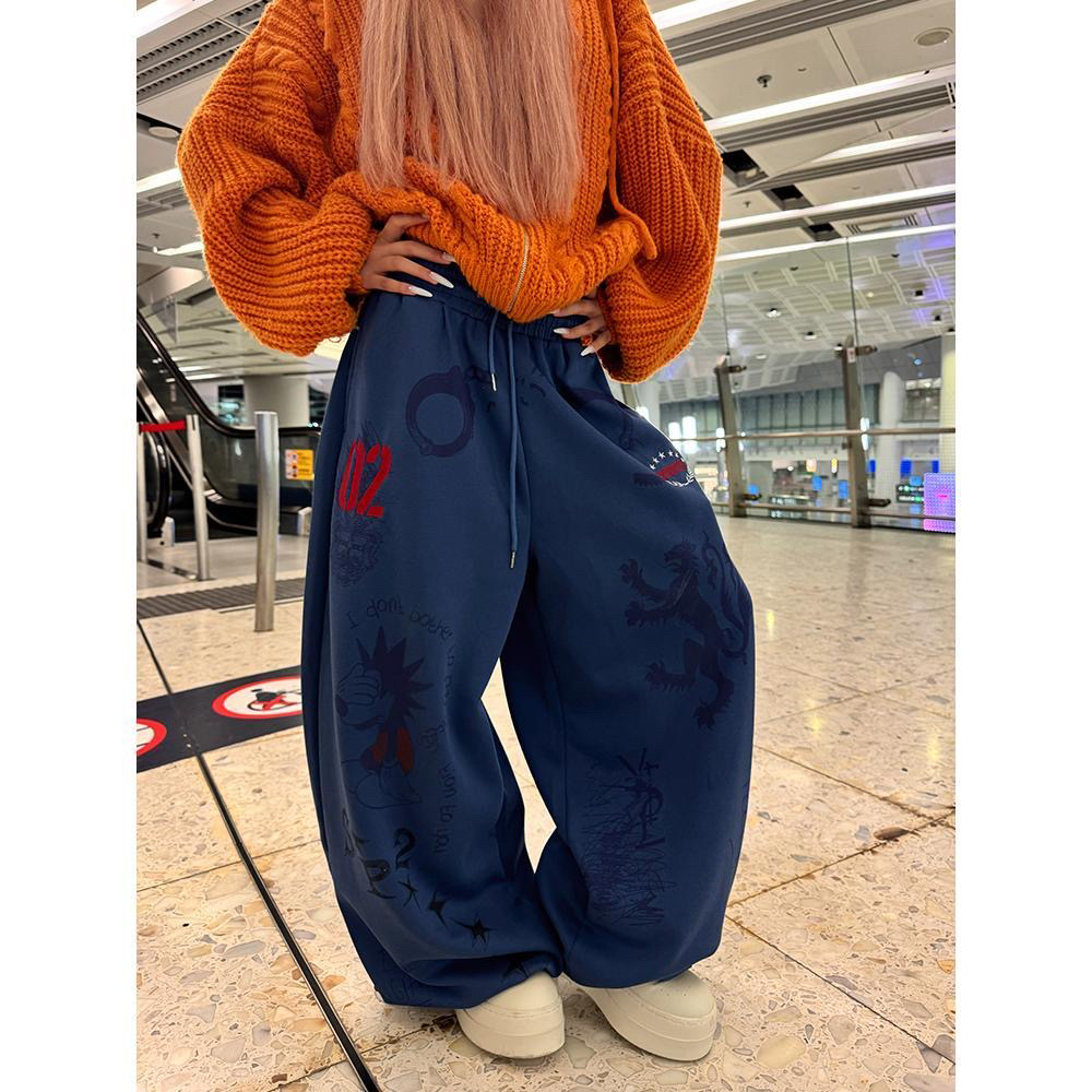 美式复古字母刺绣手绘印花阔腿卫裤男女宽松休闲直筒长裤