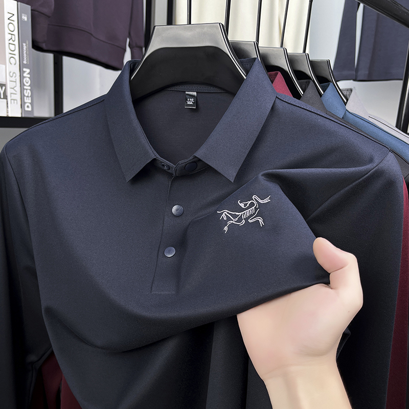 【奥特莱斯】刺绣鸟家桑蚕丝长袖T恤男士秋季翻领polo衫纯色打底衫