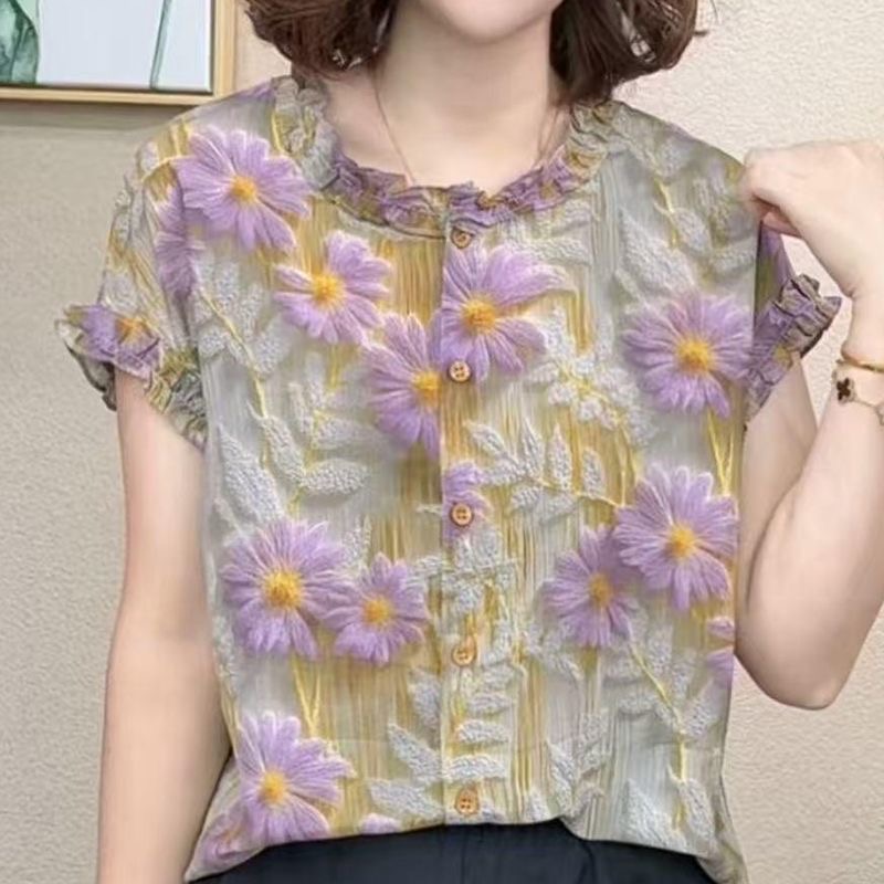 新款花边气质宽松小衫洋气短袖百搭显瘦【紫花】