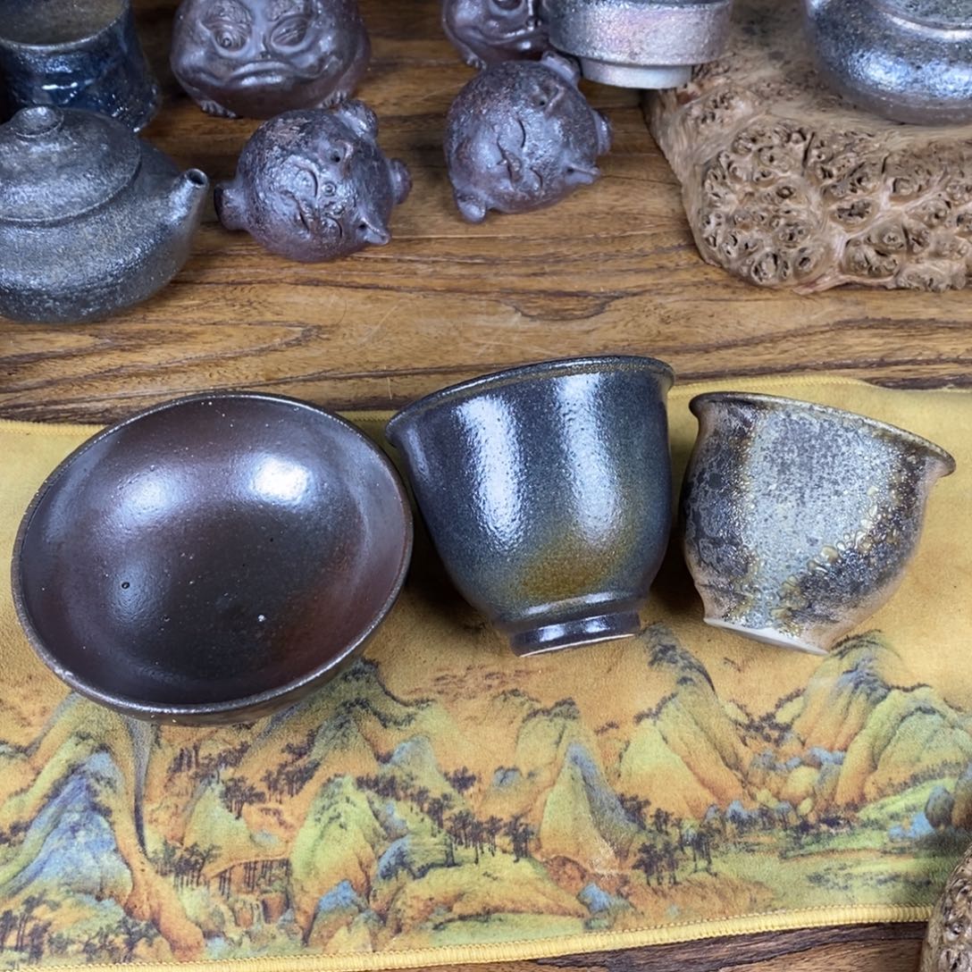 双节大漏，三只微瑕杯，建水紫陶柴烧茶器，0005