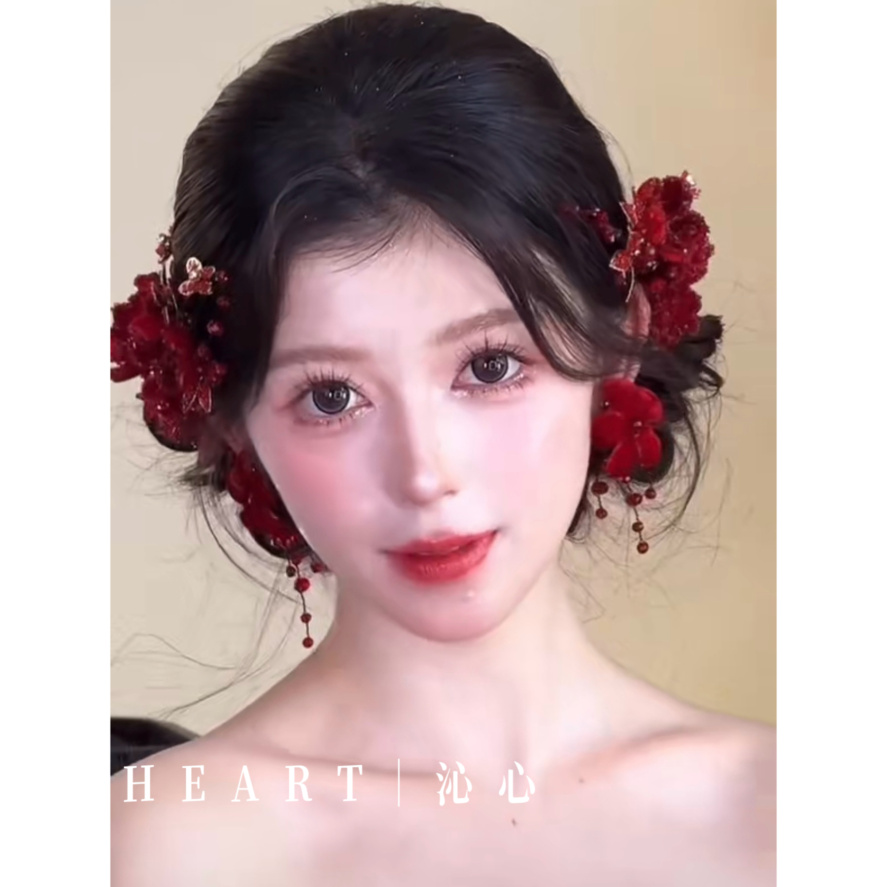 沁心｜新款酒红色绒花对夹新娘敬酒服旗袍头饰晚礼服造型配饰