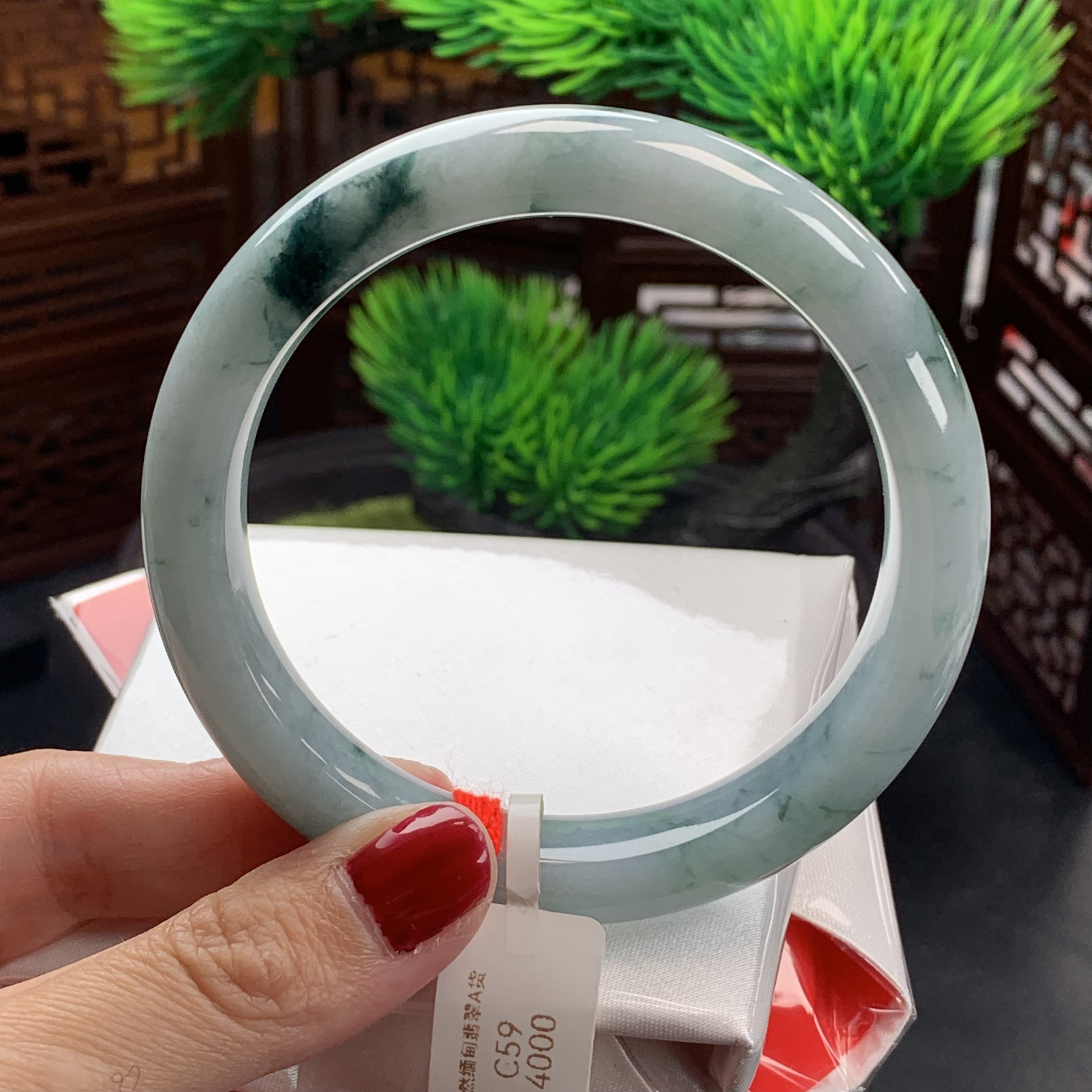 缅甸天然翡翠A货手镯59圈口特色飘蓝花正圈