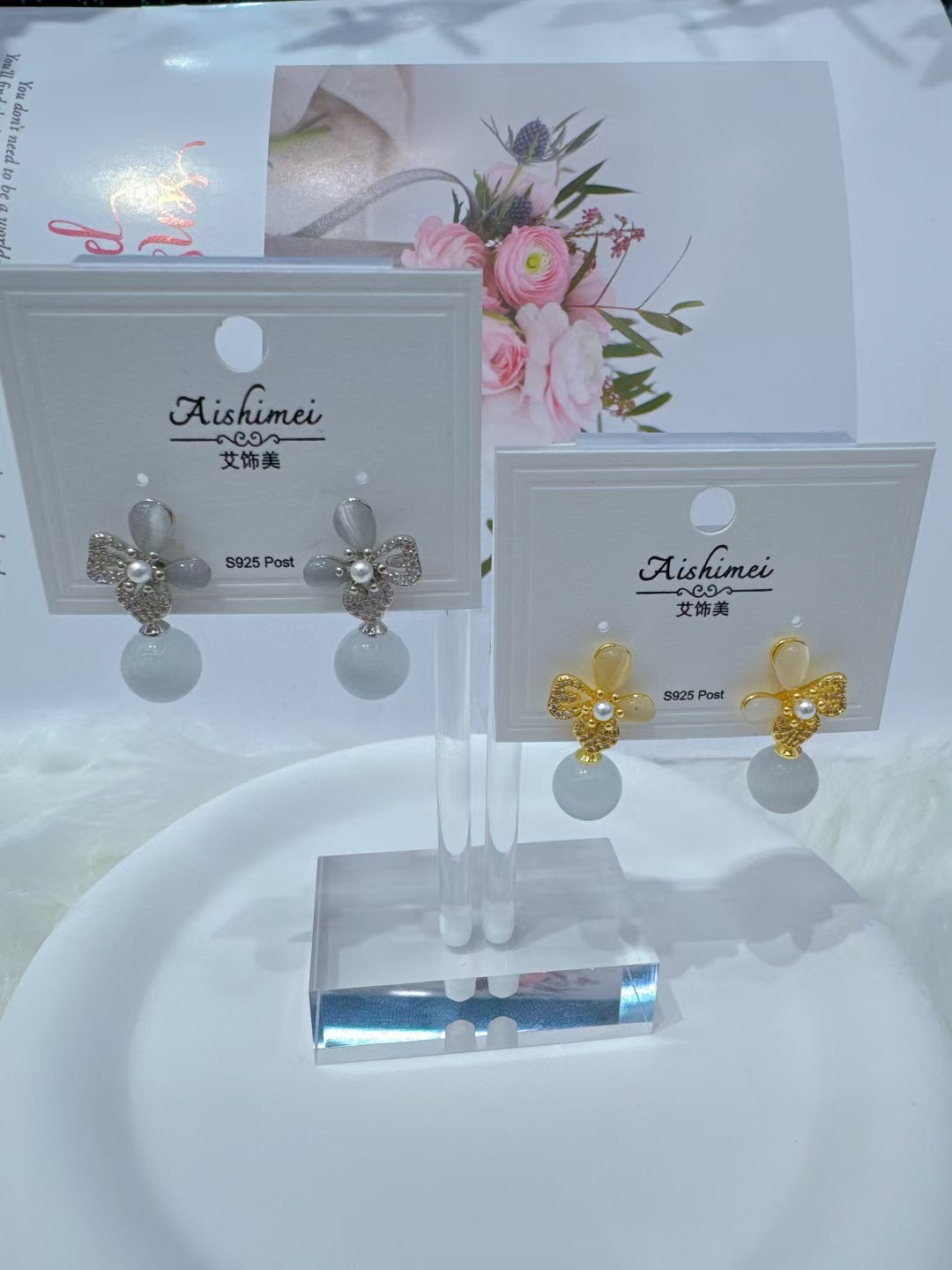 铜合金锆石耳饰 铜合金猫眼石四花瓣流苏耳环