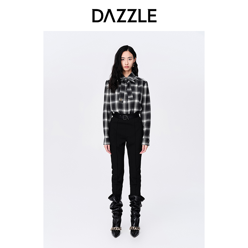 DAZZLE地素秋冬复古格纹蝴蝶结系带衬衫内搭上衣女2E4C425