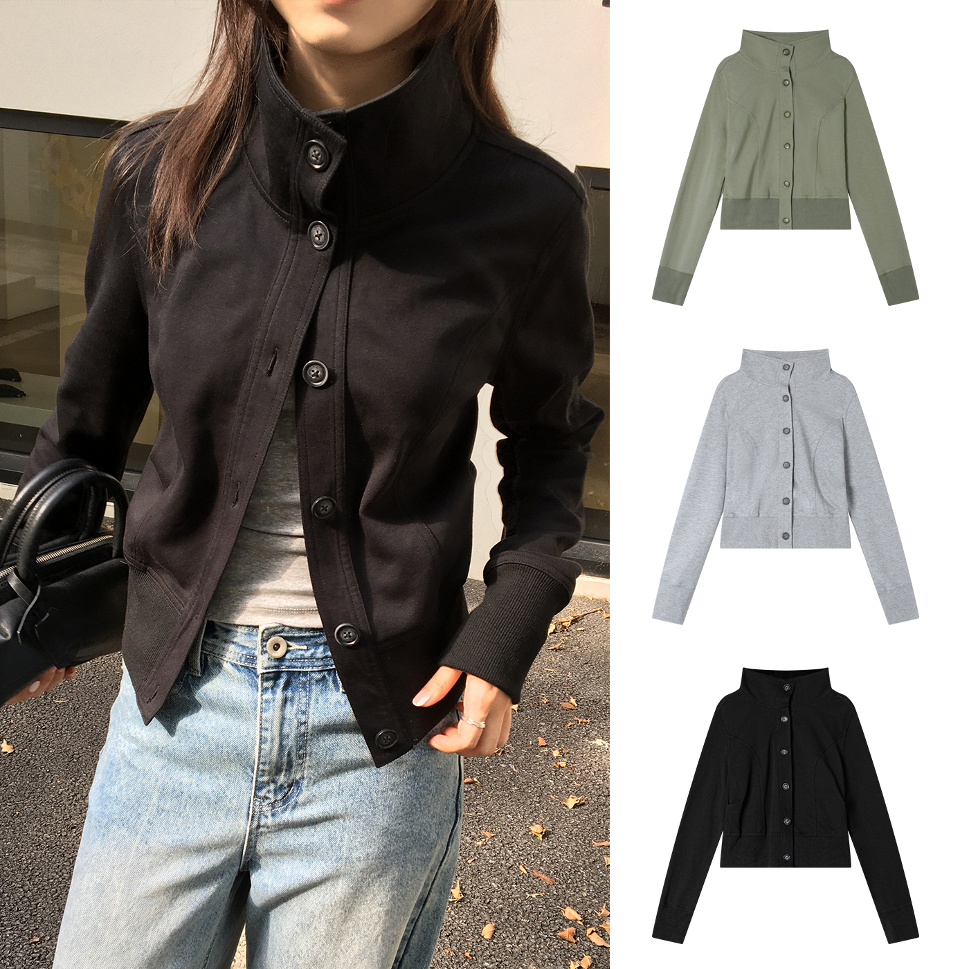 Miss sumeyY3936自制立领短款修身收腰利落低饱和度休闲夹克外套