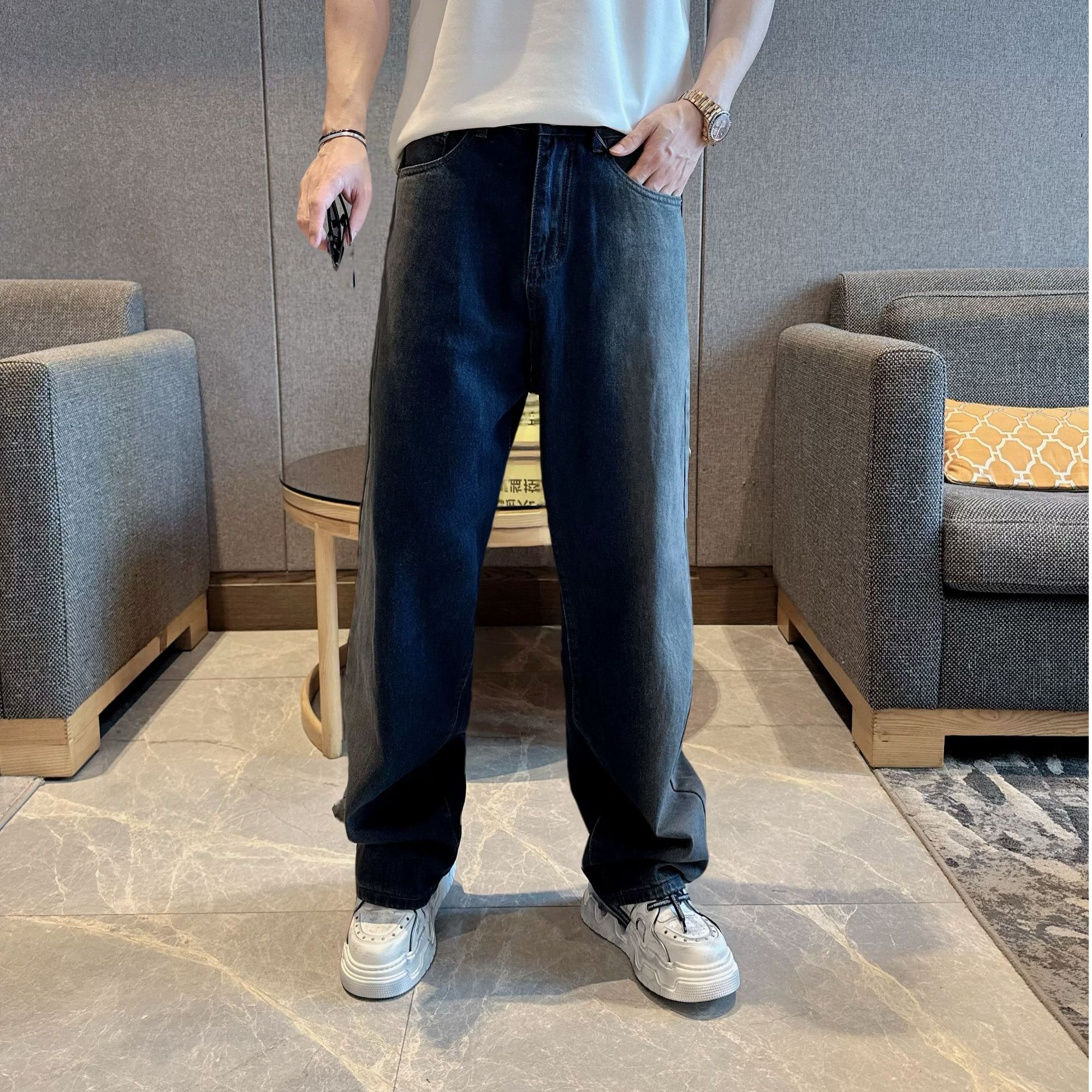 25男士早秋双拼色水洗牛仔裤宽松休闲直筒复古美式时尚爆款休闲裤