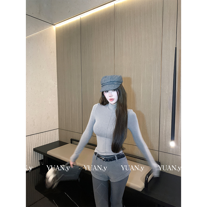 媛媛【保暖up】紧身高领内搭长袖T恤女纯欲辣妹短款打底衫潮#D1046