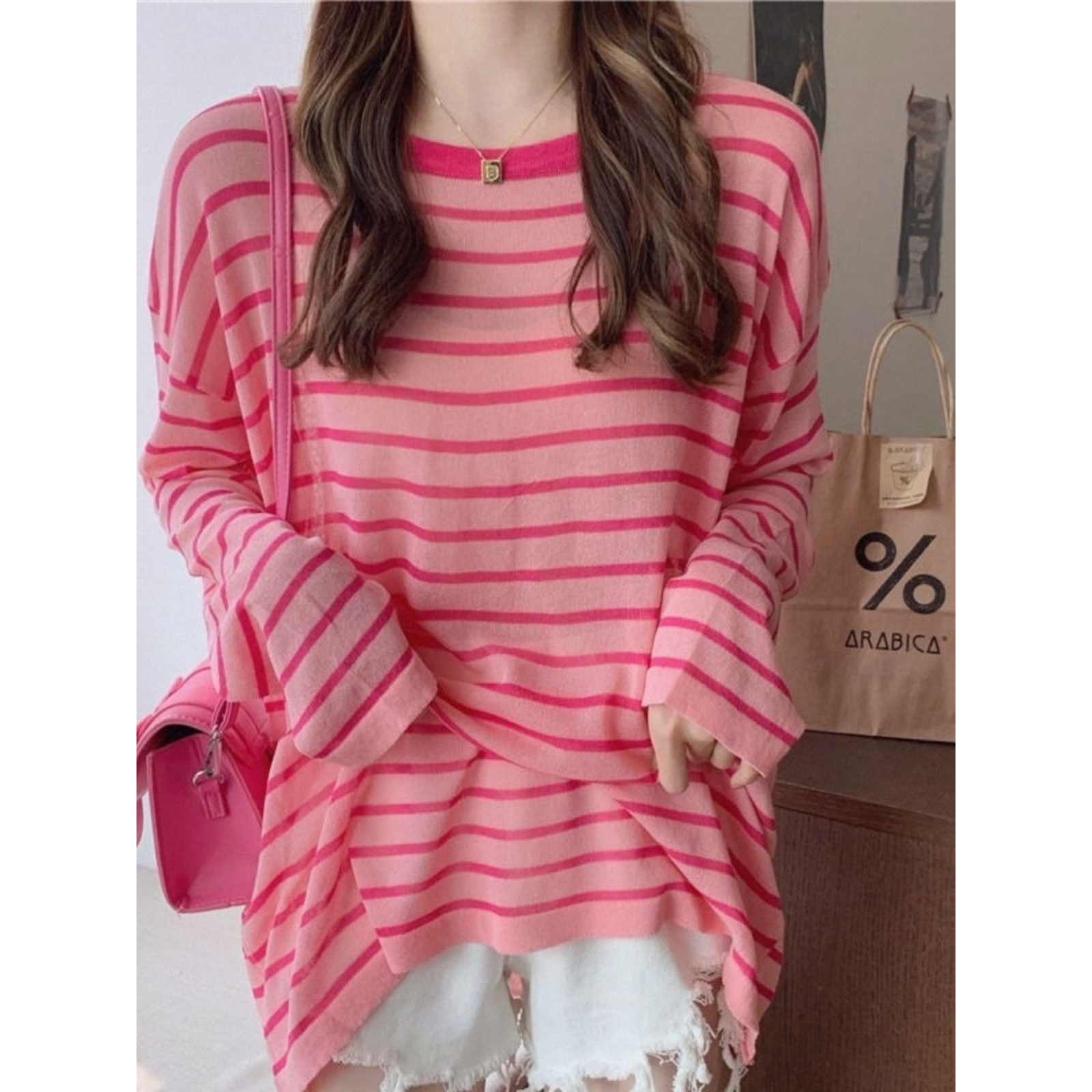 条纹针织打底衫女早秋季薄款欧货防晒罩衫慵懒风宽松面膜T恤上衣