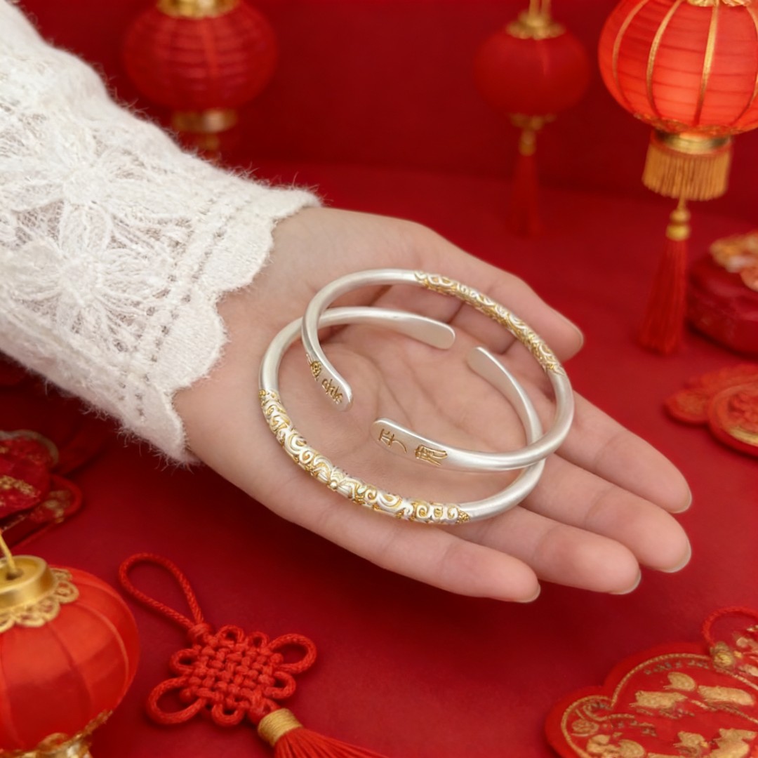 足银手镯 平安喜乐唐草纹繁花手镯光面实心25克描金高端时尚款B