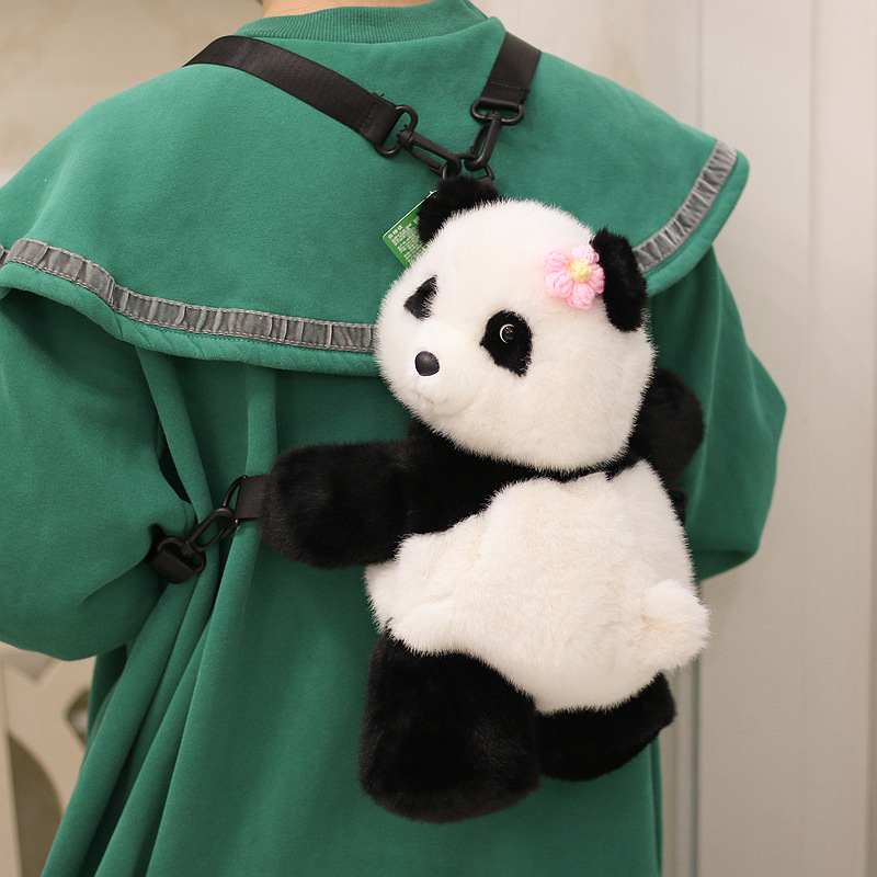 正版仿水貂毛可爱花花熊猫毛绒双肩包背包成都基地同款生日礼物萌