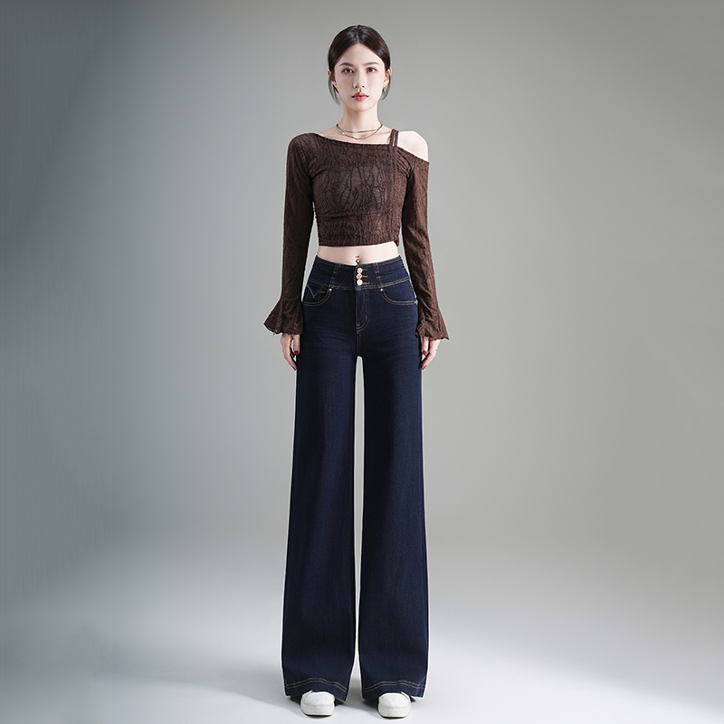 悉妍 原创秋季新款赤耳丹宁原色三粒扣高腰筒叭牛仔女裤显瘦8866