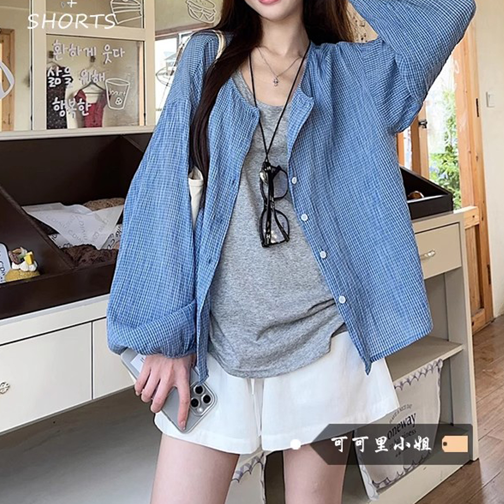 宽松防晒薄款上衣2025夏季新款胖MM大码女装韩版蓝色格子长袖衬衫