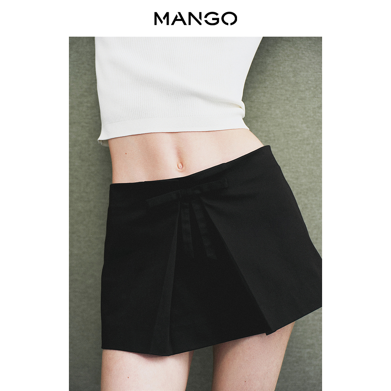 MANGO女装半身裙2025秋装新款棉质低腰辣妹蝴蝶结绑带迷你裙裤