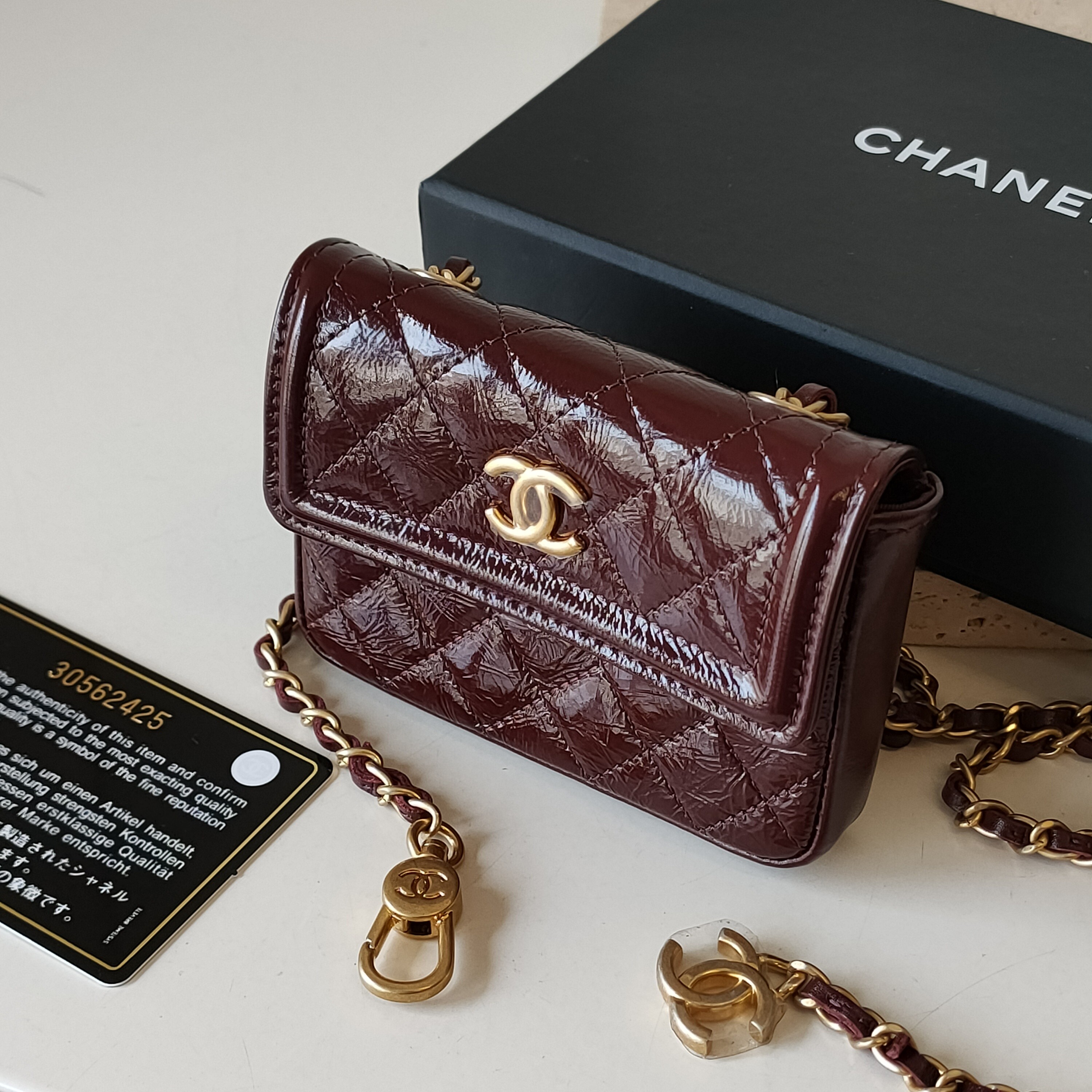 95新 Chanel/香奈儿 Azul-酒红色油蜡皮mini腰包49641