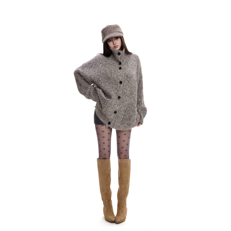 withmin凉皮 秋冬设计感立领围脖系扣软糯慵懒风毛衣开衫 2525377