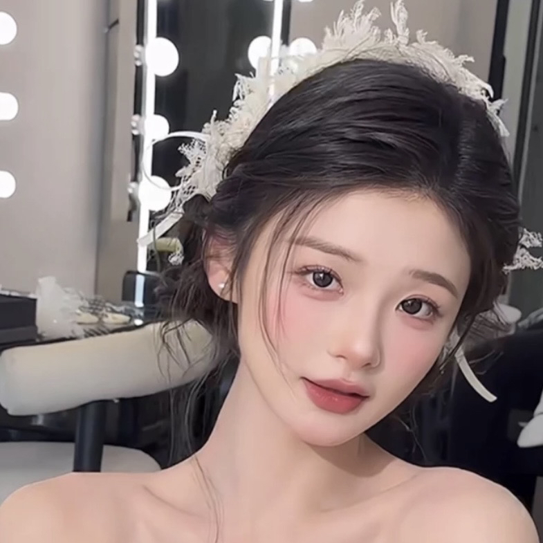 沁心新款复古蕾丝杏色蝴蝶结发冠套装新娘头饰