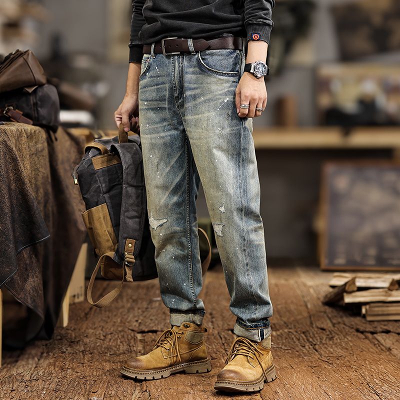 2025春夏新款破洞牛仔裤男高端赤耳丹宁潮牌修身锥形直筒裤子N133