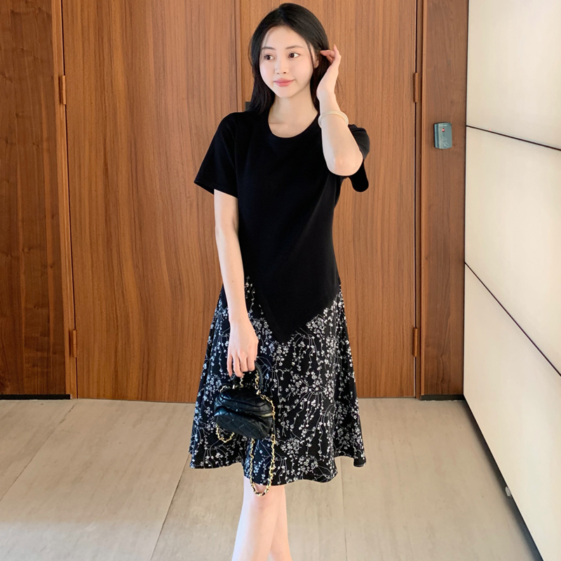 2025夏季新款法式甜美收腰显瘦裙子胖mm碎花拼接假两件连衣裙664