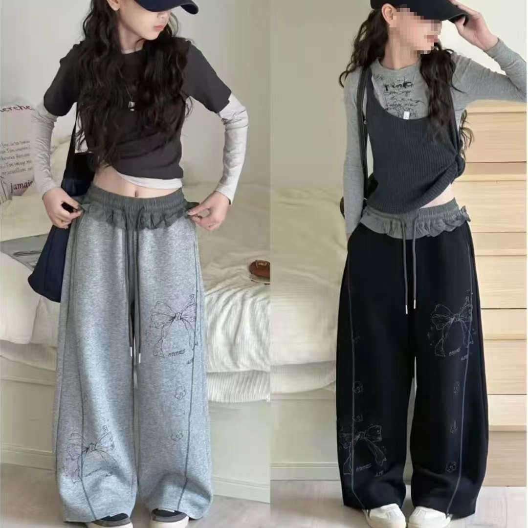 2025冬季加绒女童休闲裤儿童裤子纯色涂鸦印花直筒裤子