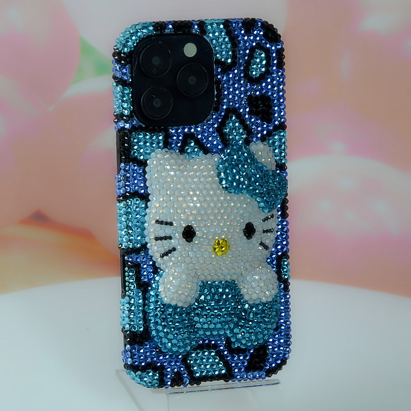 适用网红iPhone15 16proMax镶钻湖蓝豹纹趴趴KT猫苹果手机壳水钻