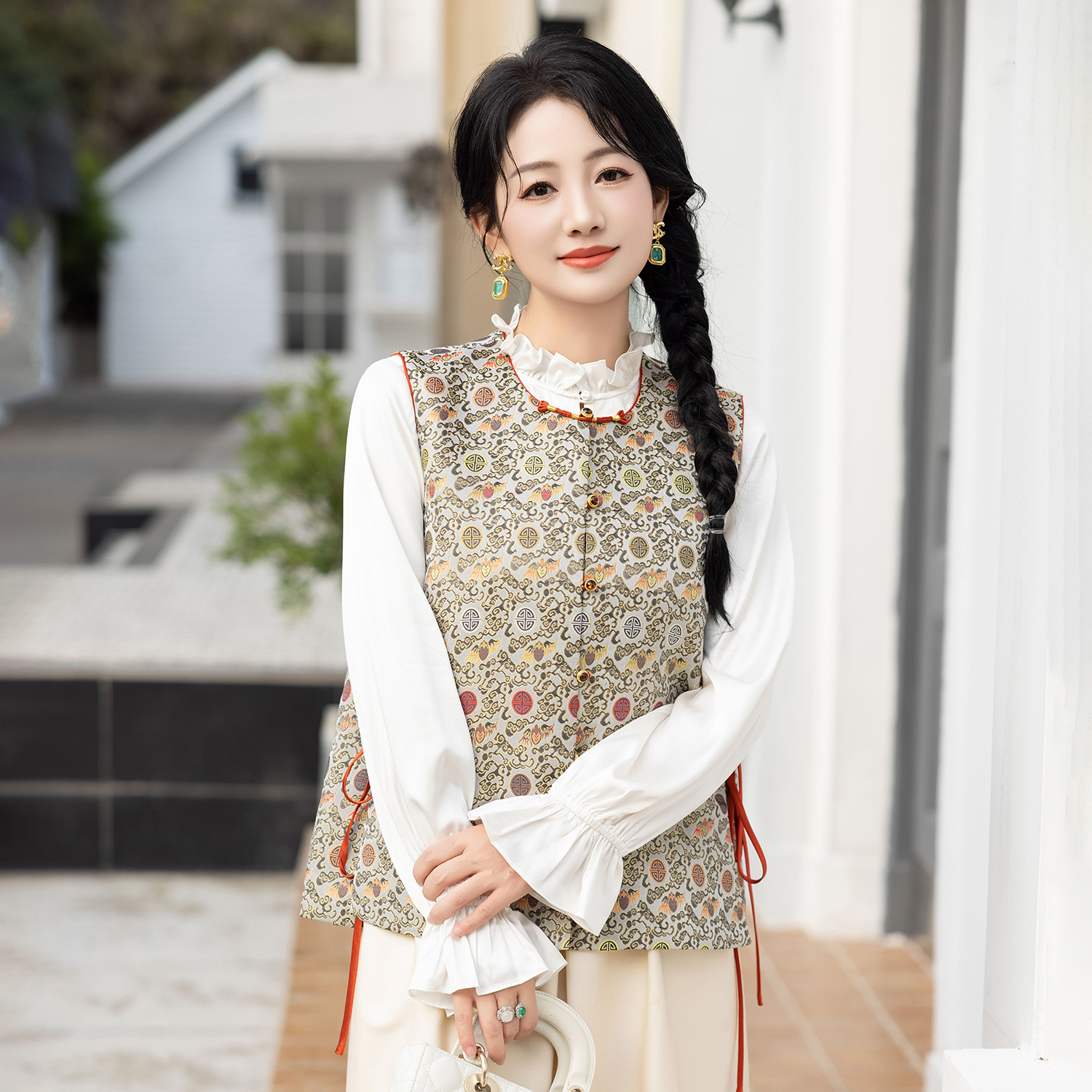 华裳格新中式上久楷织金福捧寿纹圆领对襟正品宋锦马甲HS506