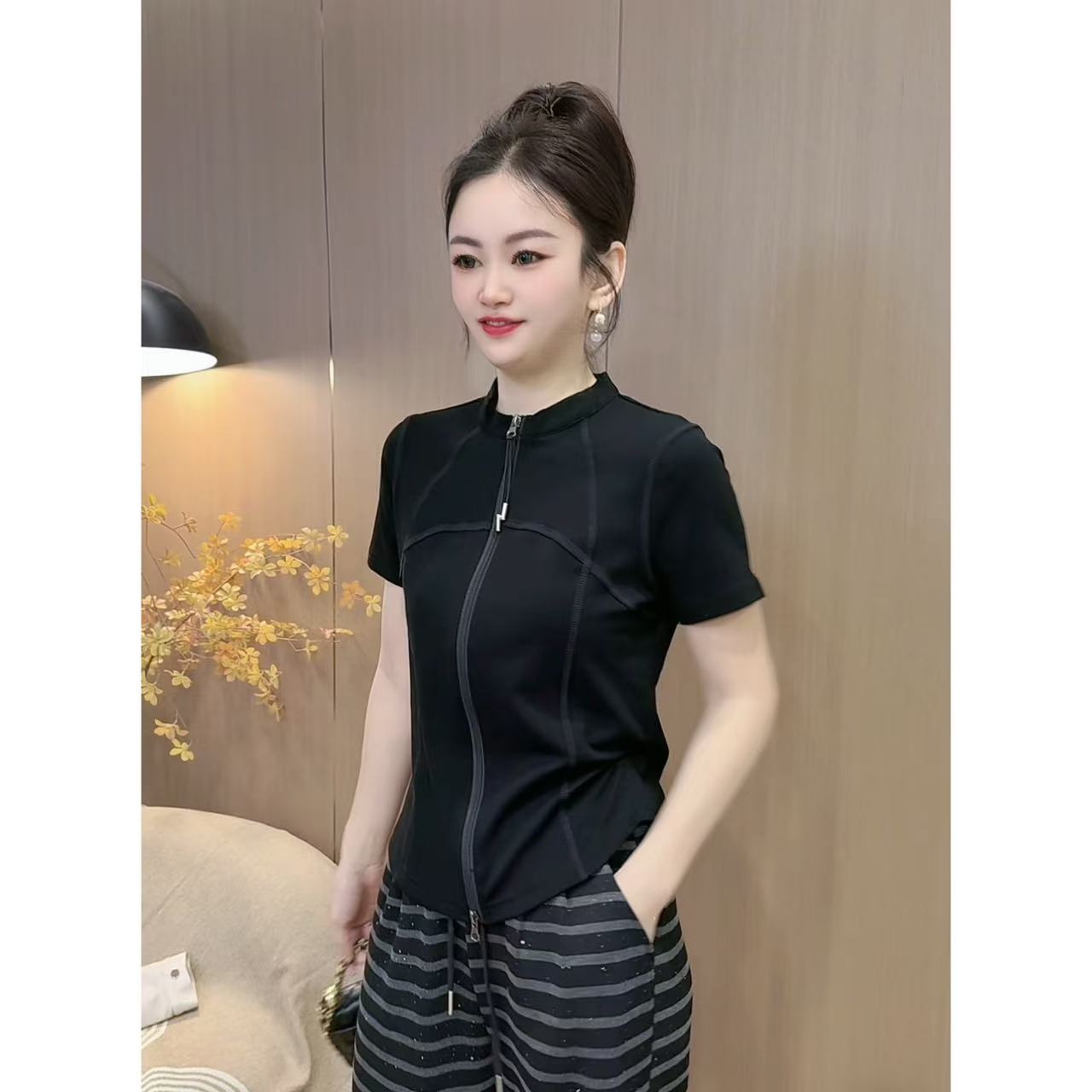 【2595】新品立体剪裁双拉链显瘦短袖上衣