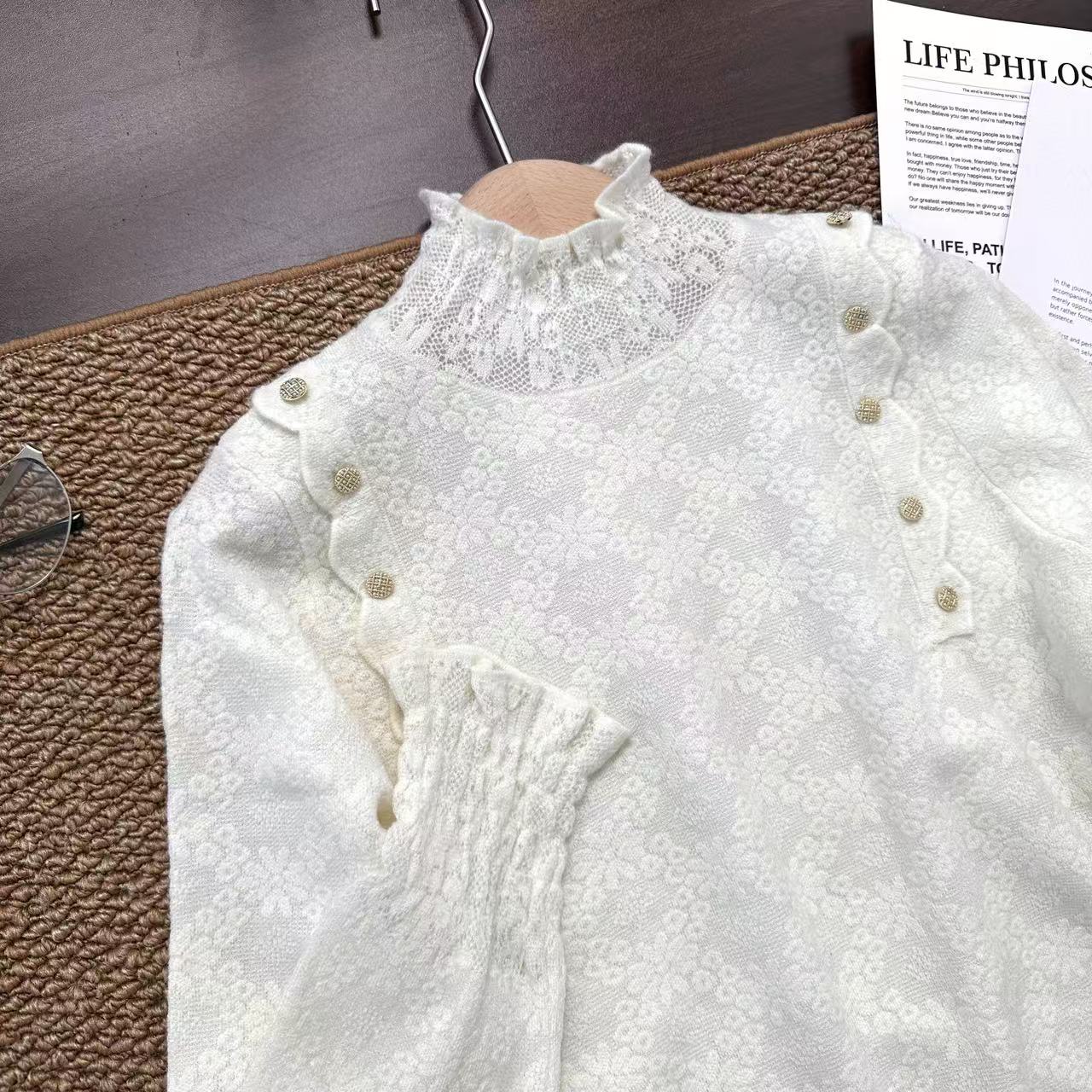 法式立体雕花！！温柔气质~中领内搭 公主袖#针织衫T085