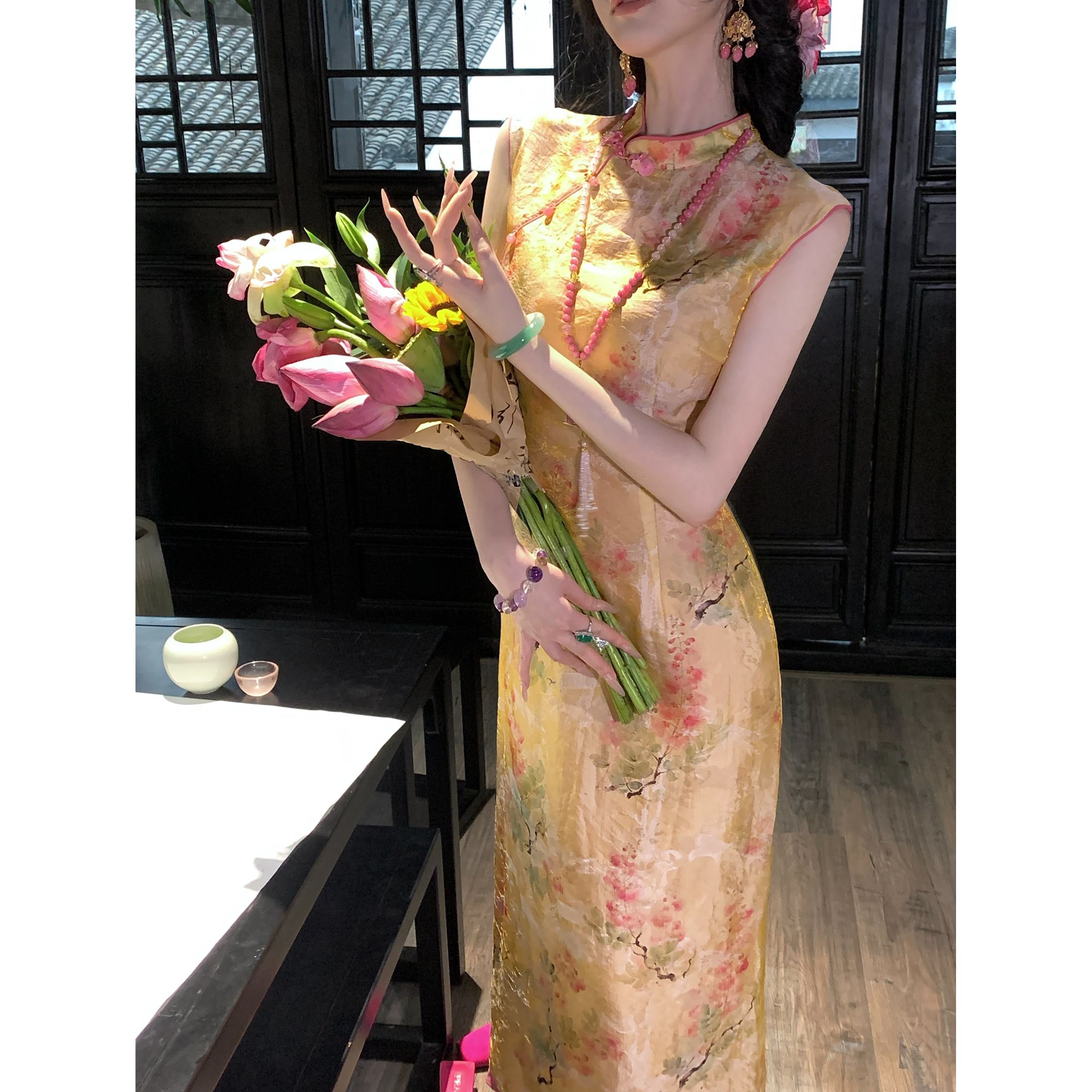 【雅乔定制】金粉世家 人丝新中式水墨写意花卉旗袍裙ZY-204671049