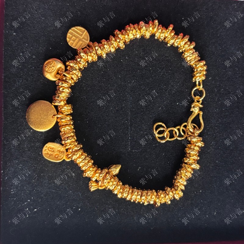 合金手链 新中式国风胖福黄财神两世欢盘缠手链福字金坨坨手串