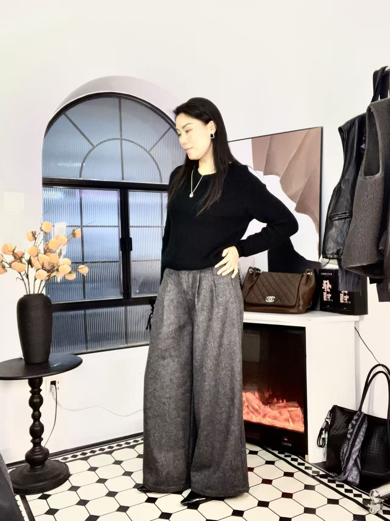 2170斜纹50羊毛斜纹加绒时尚休闲百搭直筒裤黑色阔腿裤加厚秋冬