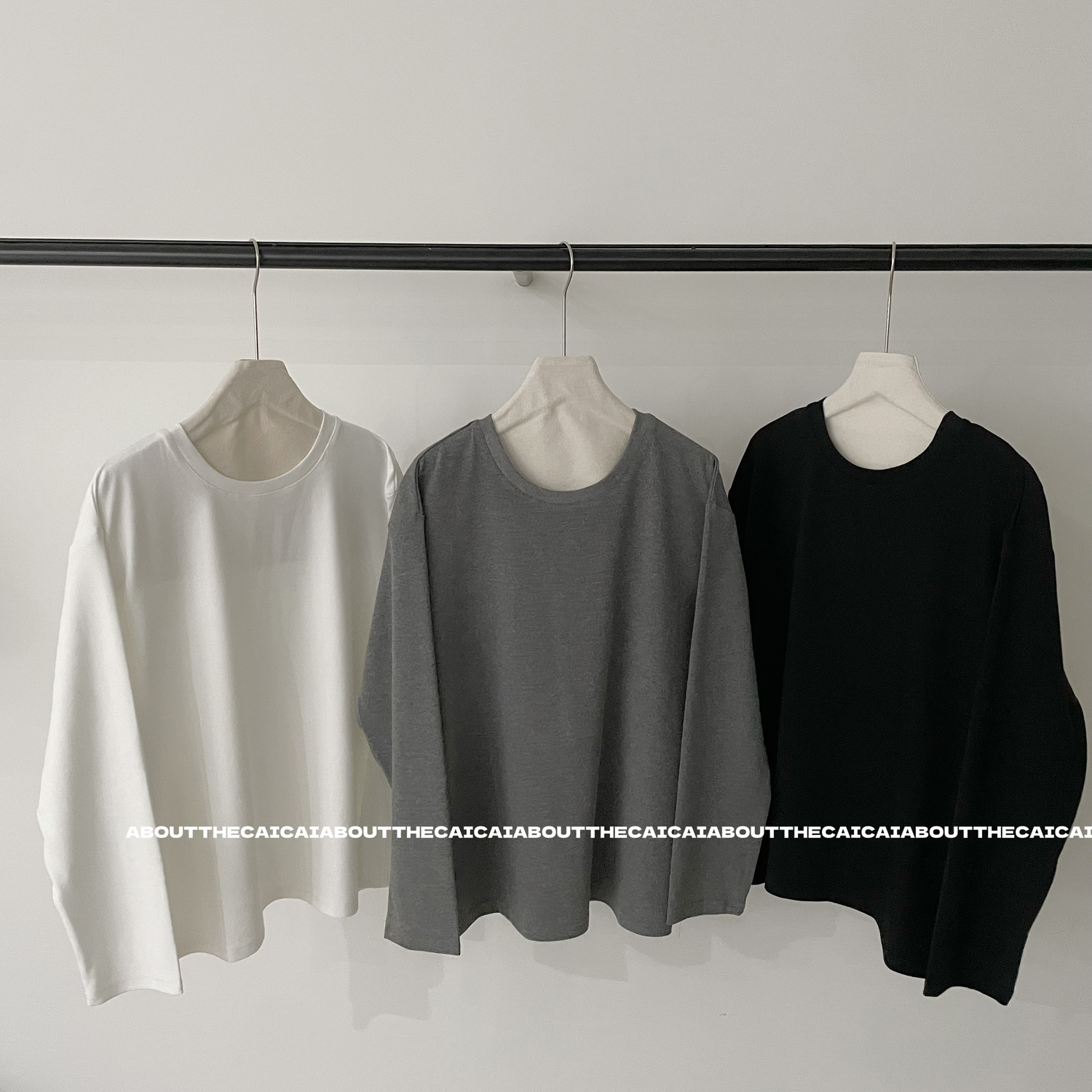 CAICAI秋冬新款大版磨毛圆领长袖T恤打底衫女韩系简约高级感内搭
