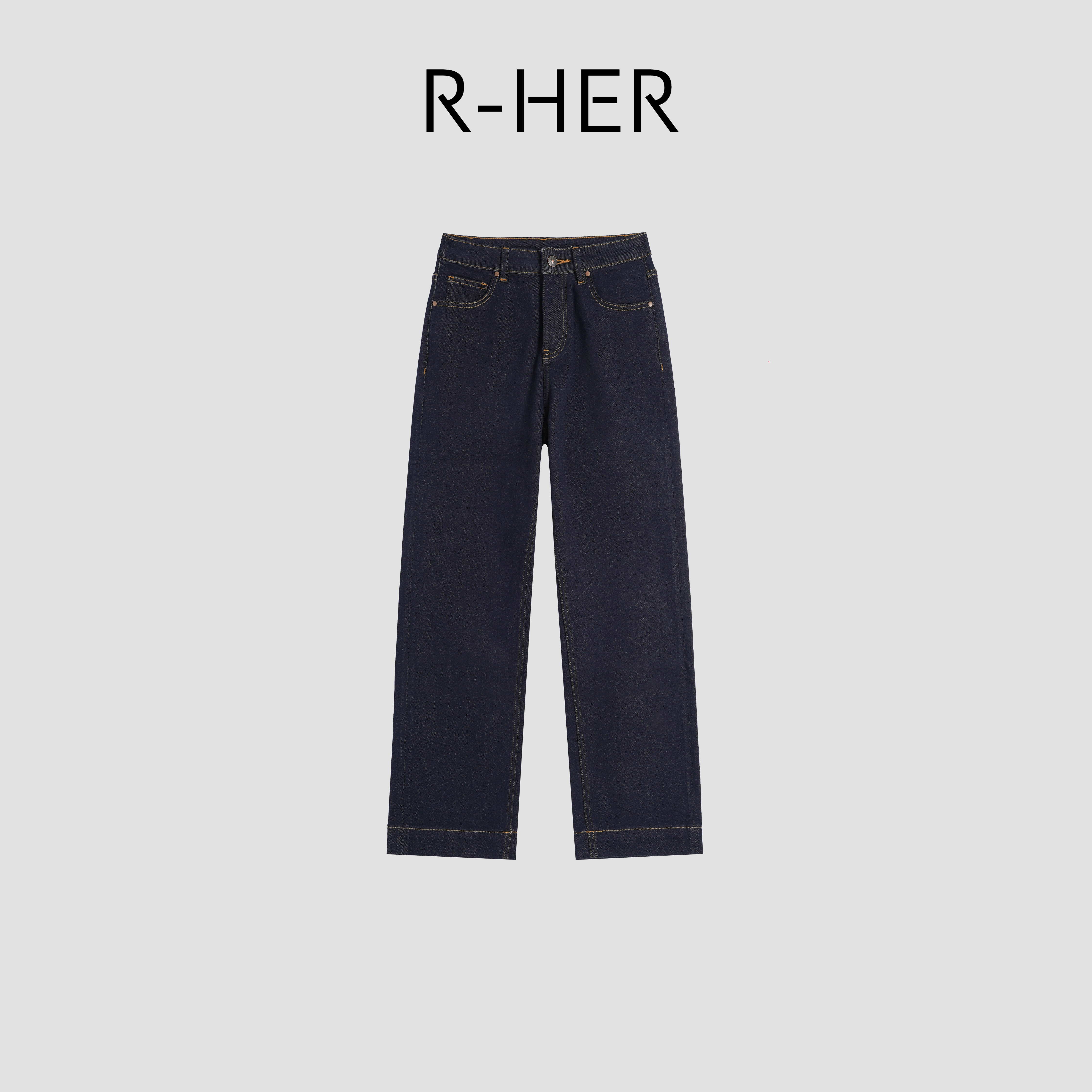 R-HER“藏青松露”休闲高弹常规款高腰深藏青色阔腿牛仔裤KN812 