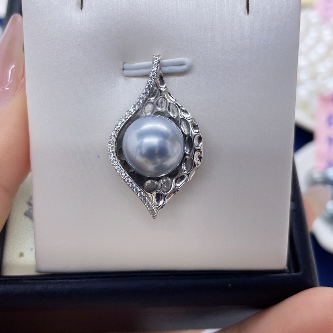 吊坠(不含链)海水珍珠银S925镶嵌铂金灰吊坠11-12mm