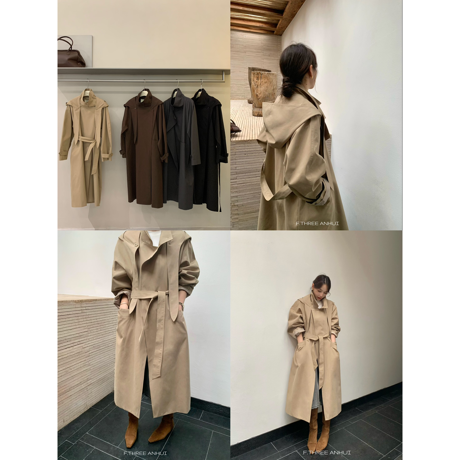 F.THREE三姐妹-韩系中长款气质休闲外套风衣(配腰带,帽子)洋气