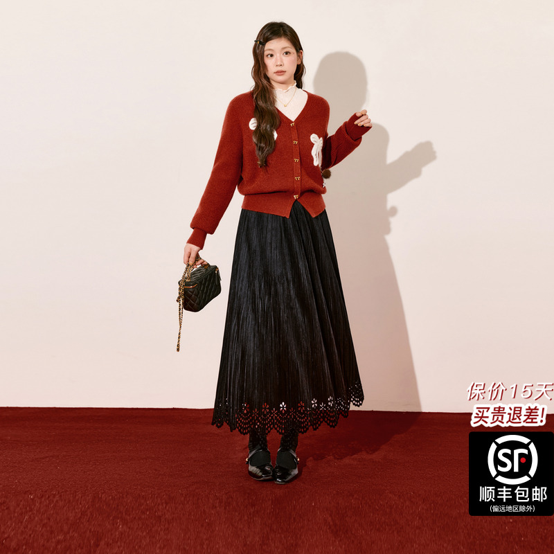 蓝语大码复古气质镂空百褶裙高腰显瘦伞裙冬季百搭中长款半身裙子