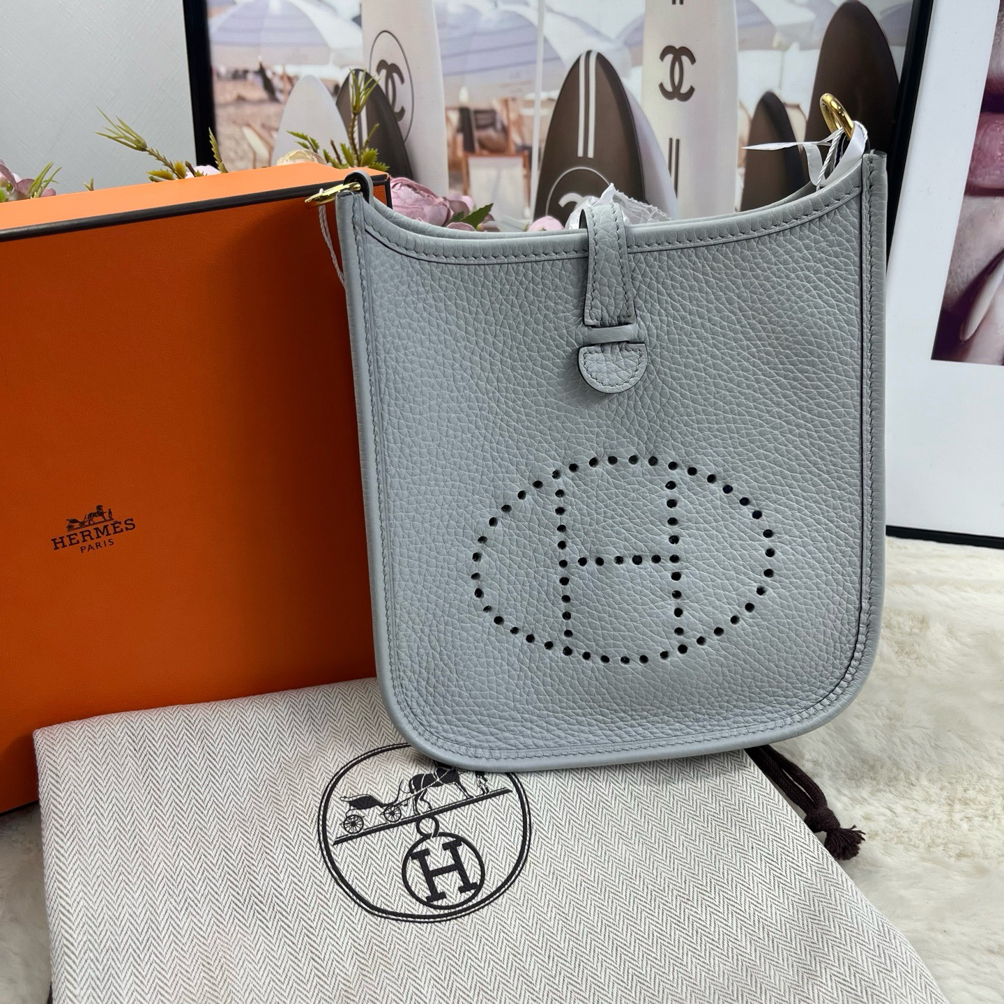 99新 Hermes/爱马仕 mini圣杯蓝银扣伊芙琳（b刻）