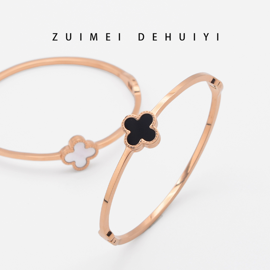 钛钢手镯 高级感四叶草黑白面手镯女轻奢小众设计卡扣手环手饰品