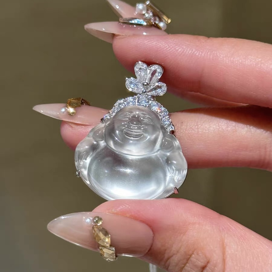 水沫石英质玉佛公吊坠封底 缅甸石英质玉弥勒佛925银项链