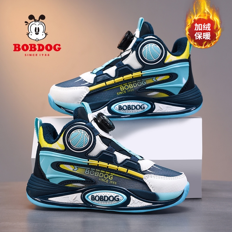 巴布豆男童皮面鞋子2025冬季新款加绒运动鞋女童保暖休闲鞋子防冻