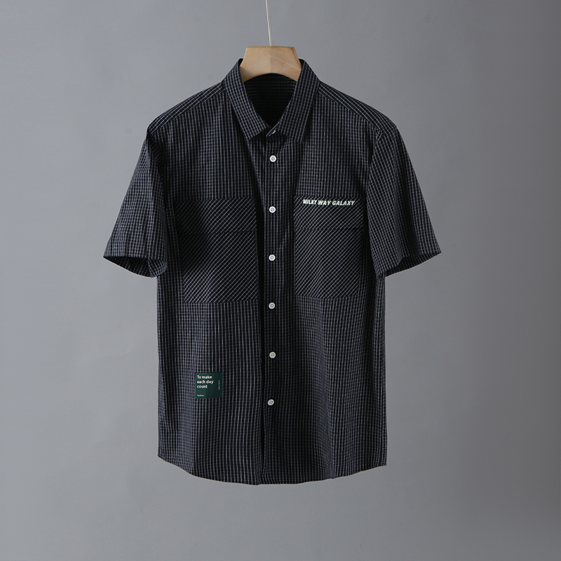 HS372剪标夏季精棉混纺时尚千鸟格男士工装口袋短袖衬衫上衣