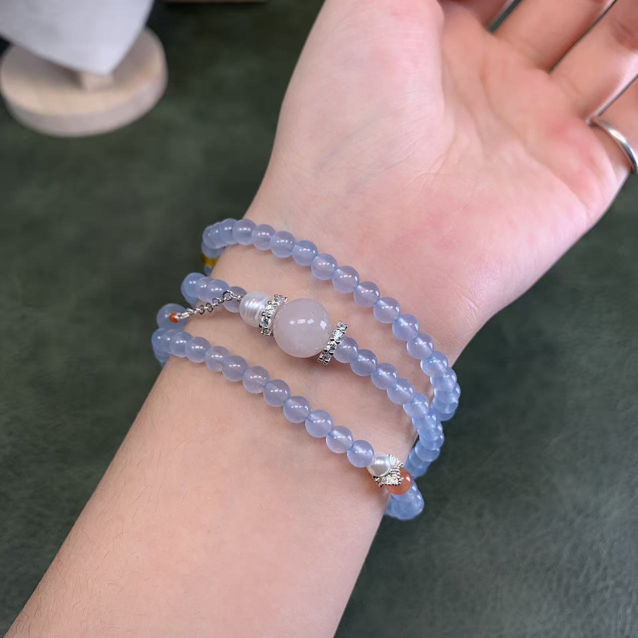 【欢姐专属】【原创设计】优化海蓝宝+1.0粉顶珠吊坠多圈珠串MK1051