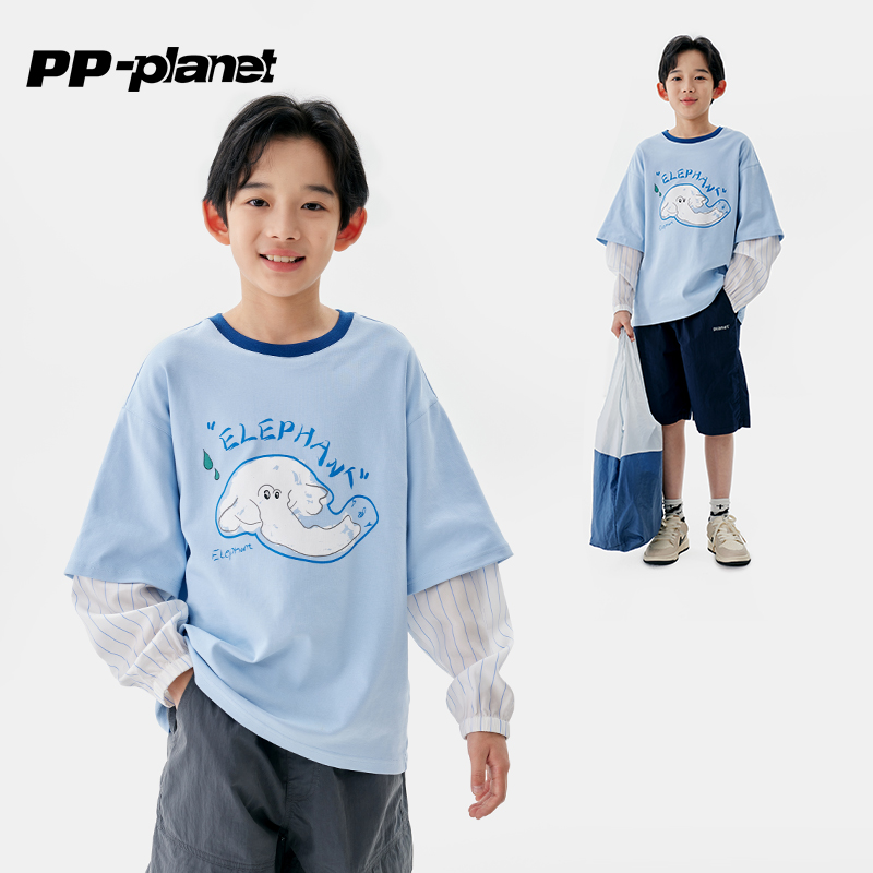 PP星球儿童假两件卡通印花长袖T恤男童春秋款体恤中大童休闲百搭t