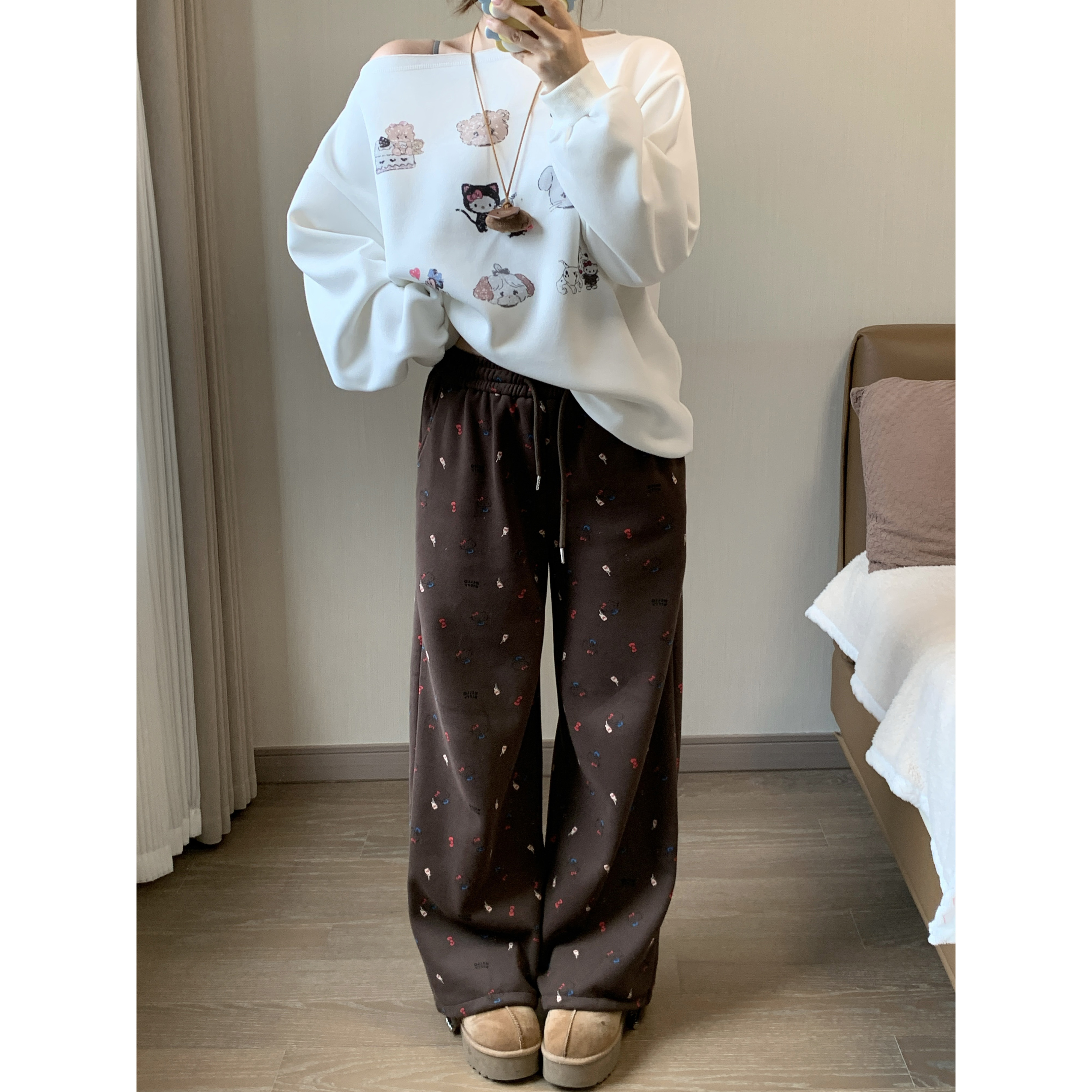 小沈美眉微胖梨形显瘦KT猫卡通印花韩系慵懒感休闲直筒加绒阔腿裤