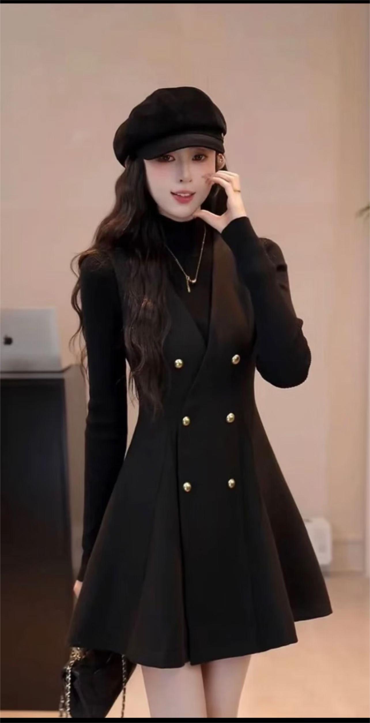 大码女装俩件套A字裙V领长裙常规款常规长袖大码连衣裙高腰中长裙