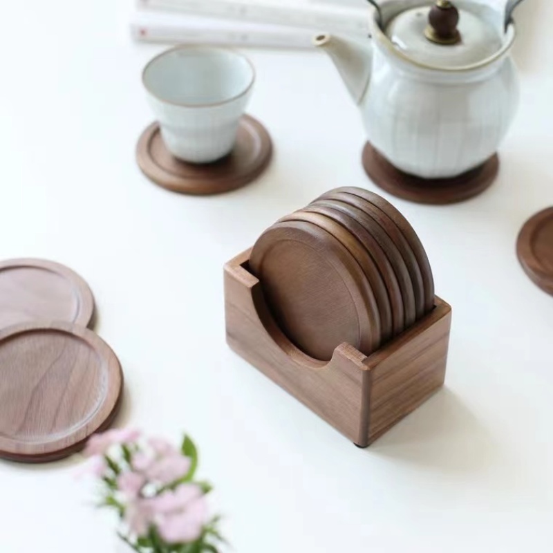 自然之风北美黑胡桃木杯垫套装榉木茶垫子