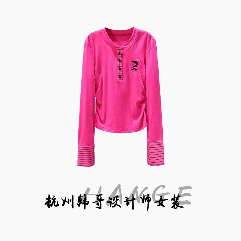 【韩哥女装】2025秋冬《风铃木》洋红色拼接条纹高弹打底衫5956-E9
