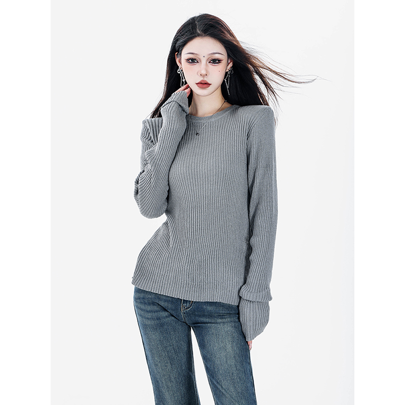 ABWEAR 早秋2025年新款灰色毛针织衫女百搭显瘦打底衫毛衣上衣