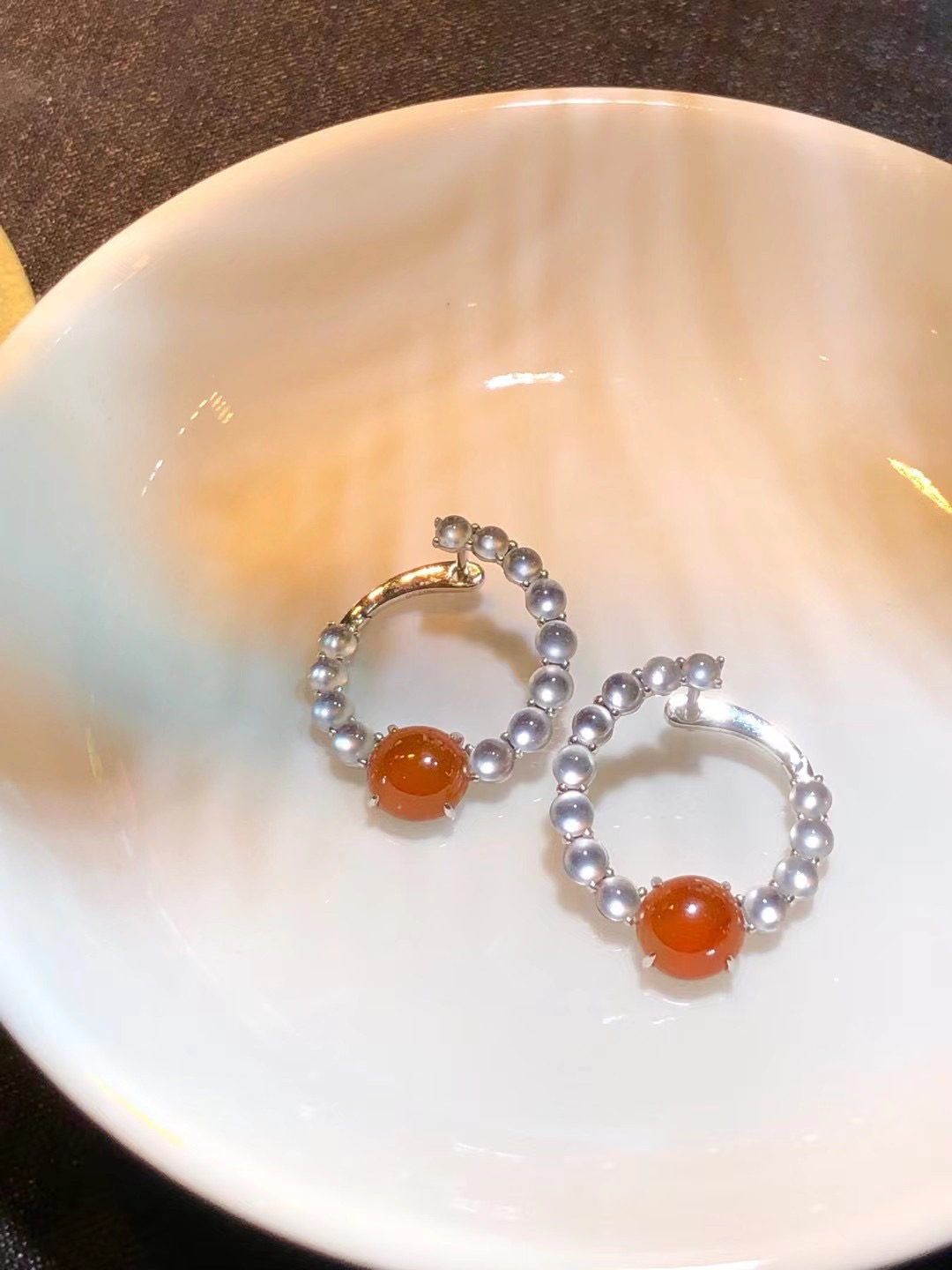 缅甸翡翠高冰红翡拼玻璃白钢蛋耳环耳扣耳坠18k金伴镶钻石带证书